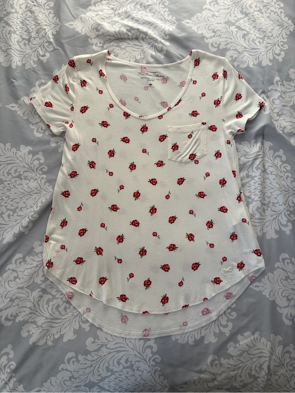 Hollister White Short Sleeve Tee with Red Rose Print